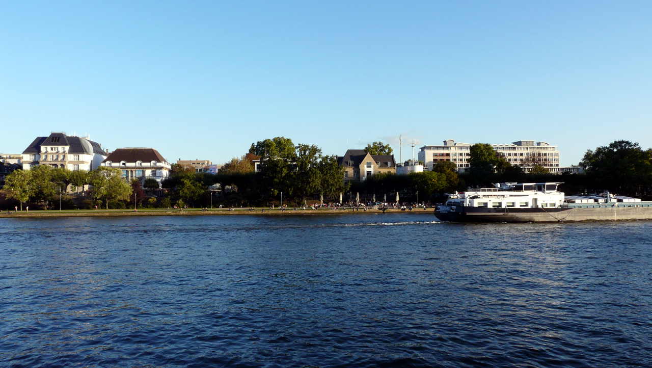 Main mit Biergarten und Schiff